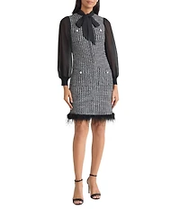 Ming Wang Mixed-Media Tweed Knit Tie Neck Long Sheer Sleeve Feather Trim Dress