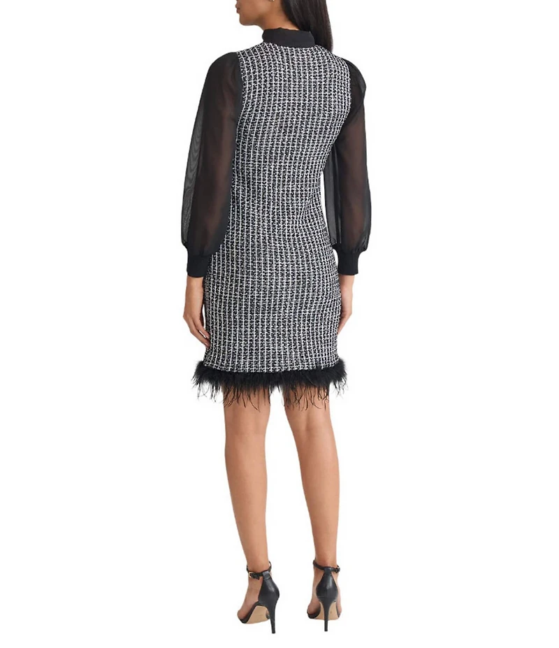 Ming Wang Mixed-Media Tweed Knit Tie Neck Long Sheer Sleeve Feather Trim Dress