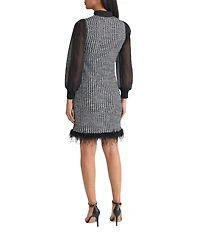 Ming Wang Mixed-Media Tweed Knit Tie Neck Long Sheer Sleeve Feather Trim Dress