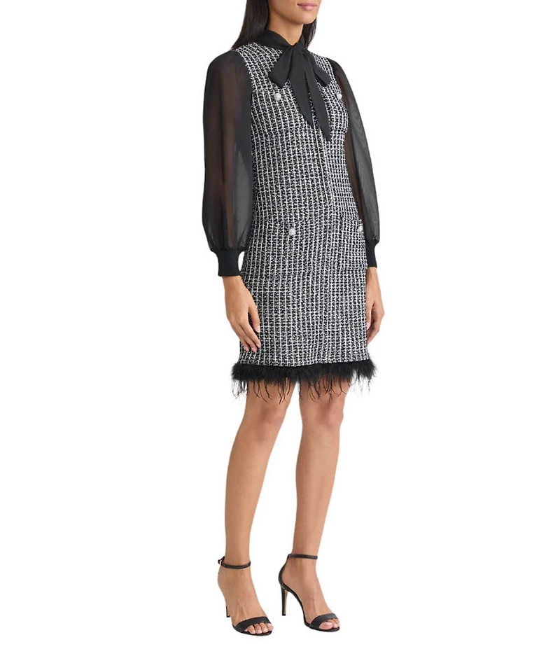 Ming Wang Mixed-Media Tweed Knit Tie Neck Long Sheer Sleeve Feather Trim Dress