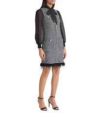 Ming Wang Mixed-Media Tweed Knit Tie Neck Long Sheer Sleeve Feather Trim Dress