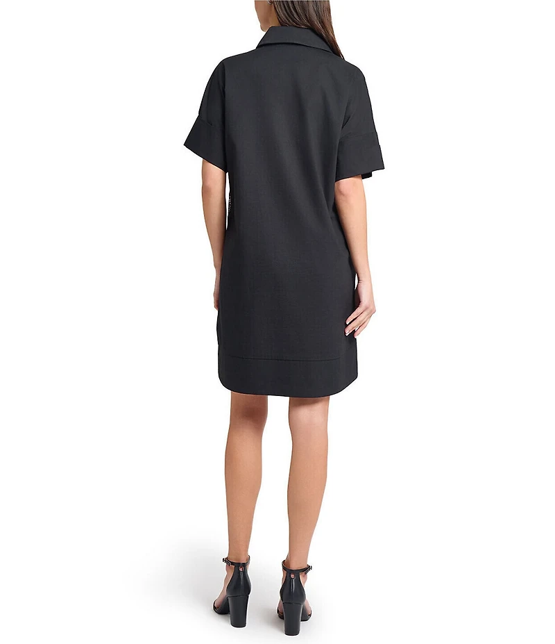 Ming Wang Mixed-Media Two-Toned Lace Point Collar V-Neck Short Sleeve Dress