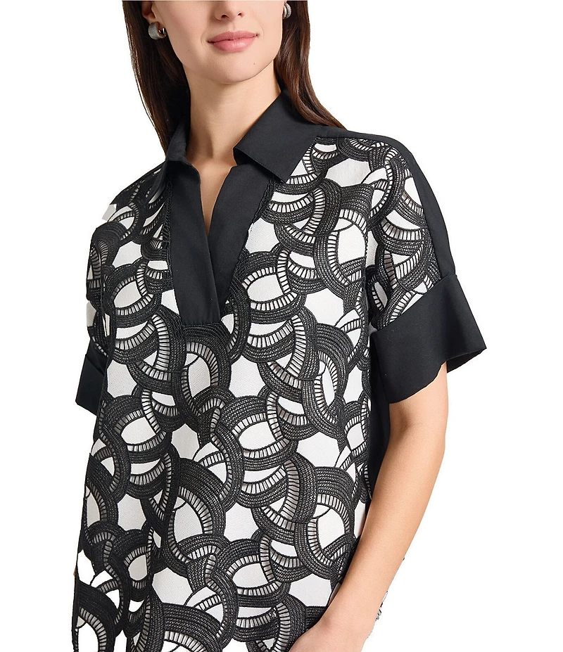 Ming Wang Mixed-Media Two-Toned Lace Point Collar V-Neck Short Sleeve Dress