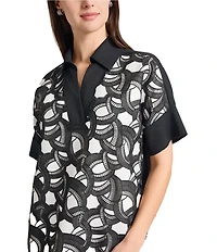 Ming Wang Mixed-Media Two-Toned Lace Point Collar V-Neck Short Sleeve Dress