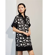 Ming Wang Mixed-Media Two-Toned Lace Point Collar V-Neck Short Sleeve Dress