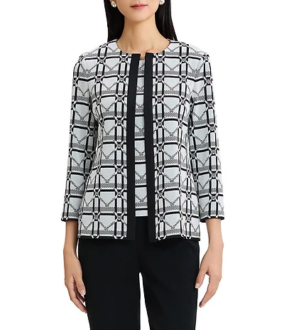 Ming Wang Monochrome Geometric Knit Jewel Neck Bracelet Sleeve Jacket