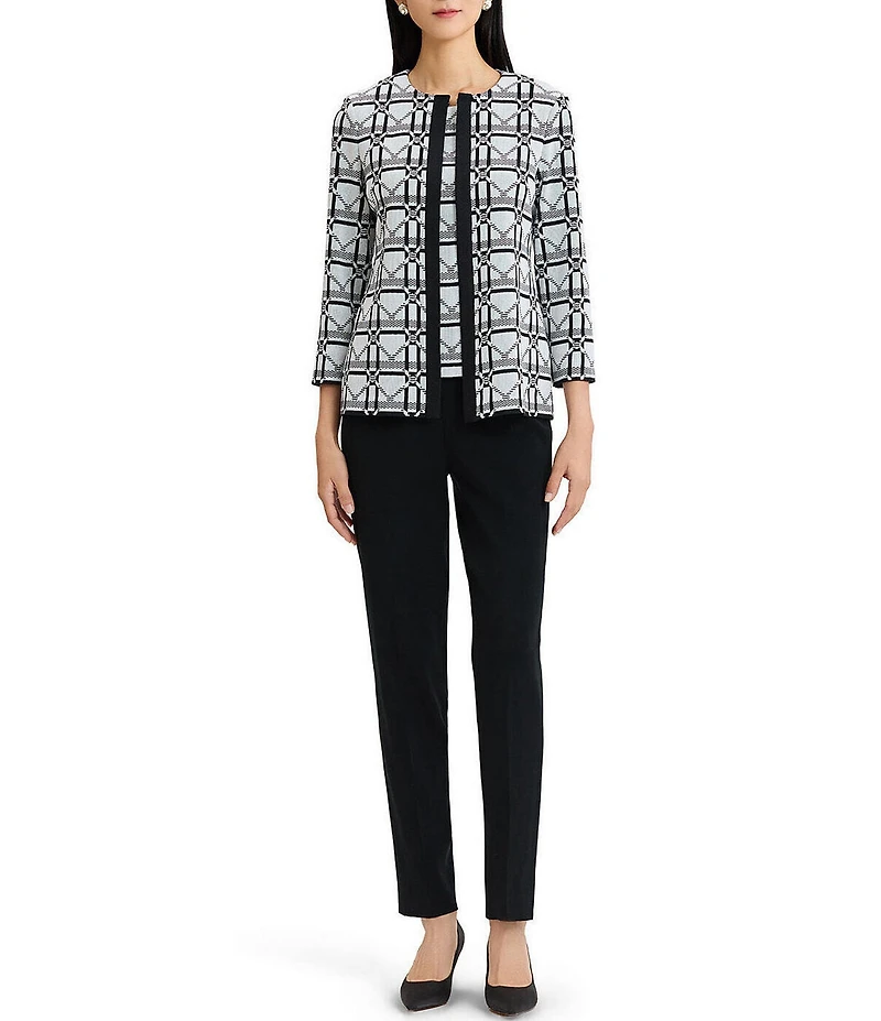 Ming Wang Monochrome Geometric Knit Jewel Neck Bracelet Sleeve Jacket