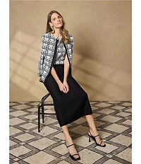 Ming Wang Monochrome Geometric Knit Jewel Neck Bracelet Sleeve Jacket