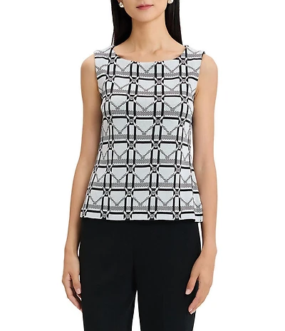 Ming Wang Monochrome Geometric Knit Round Neck Sleeveless Tank