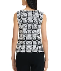 Ming Wang Monochrome Geometric Knit Round Neck Sleeveless Tank