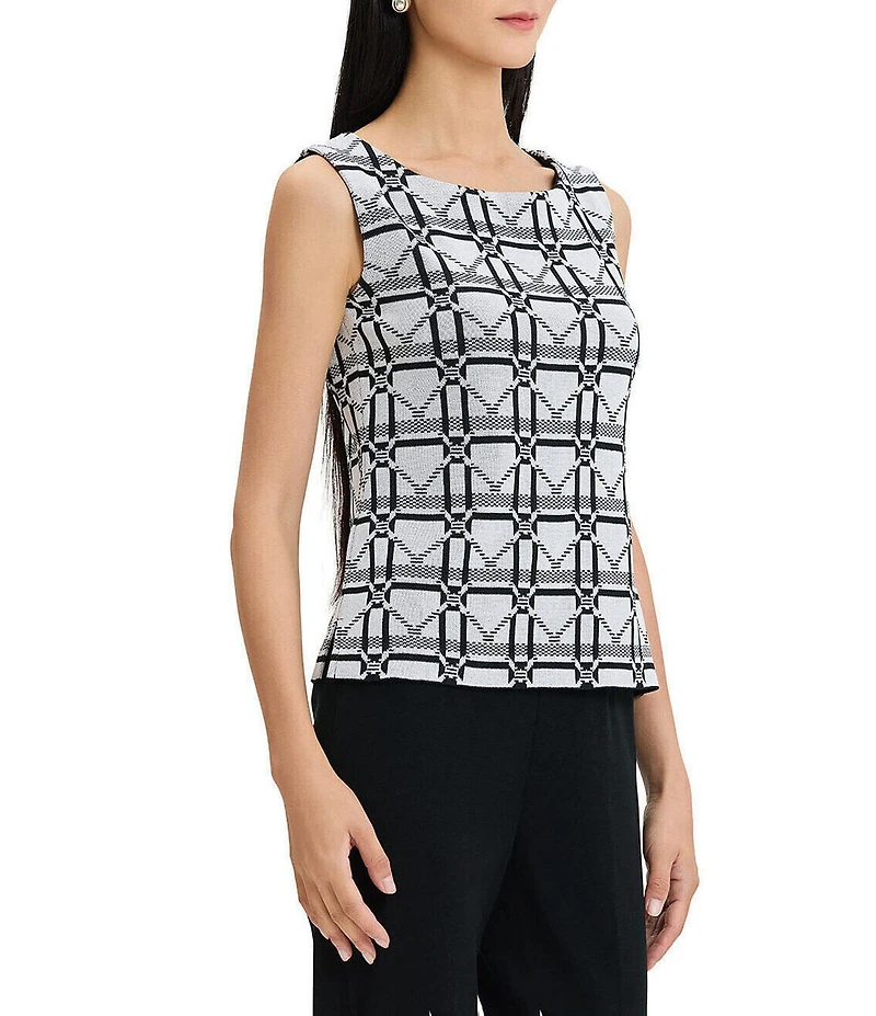 Ming Wang Monochrome Geometric Knit Round Neck Sleeveless Tank