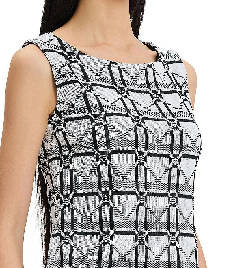 Ming Wang Monochrome Geometric Knit Round Neck Sleeveless Tank