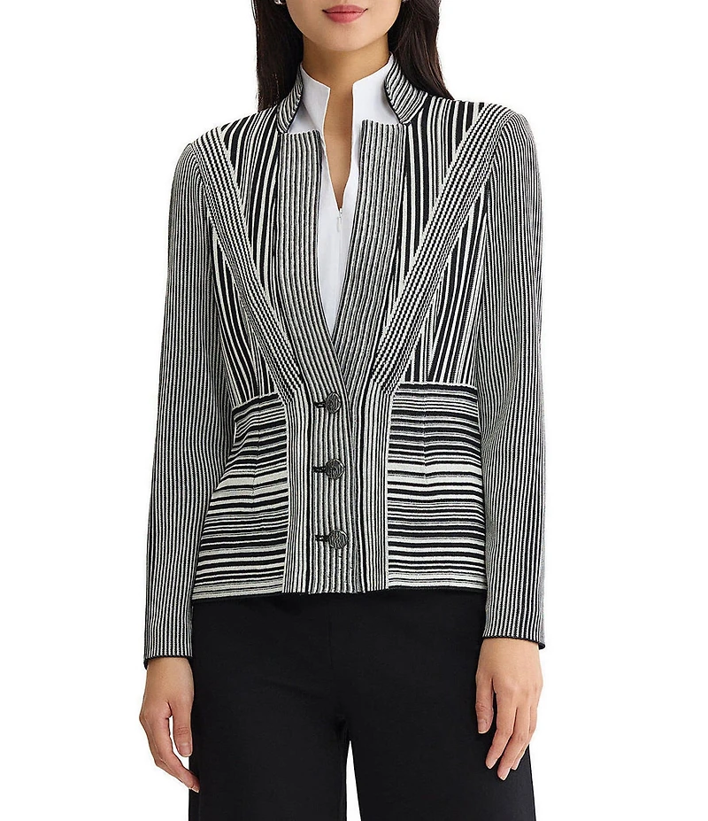 Ming Wang Monochrome Jacquard Knit Striped Inverted Notch Collar Long Sleeve Jacket