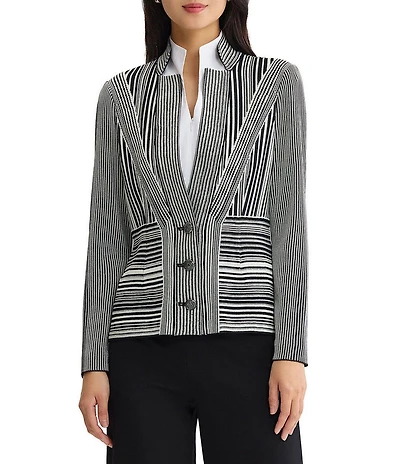 Ming Wang Monochrome Jacquard Knit Striped Inverted Notch Collar Long Sleeve Jacket