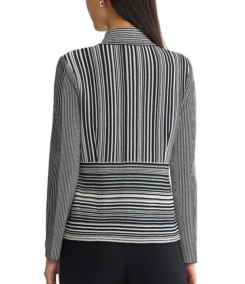 Ming Wang Monochrome Jacquard Knit Striped Inverted Notch Collar Long Sleeve Jacket