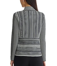 Ming Wang Monochrome Jacquard Knit Striped Inverted Notch Collar Long Sleeve Jacket
