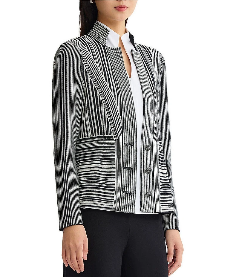 Ming Wang Monochrome Jacquard Knit Striped Inverted Notch Collar Long Sleeve Jacket