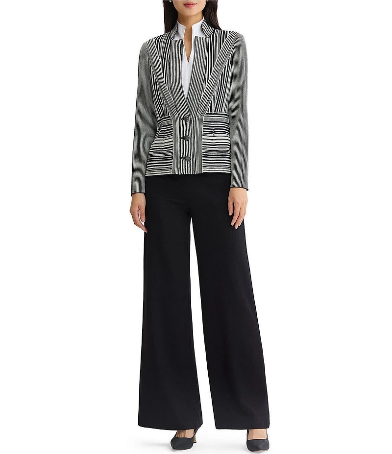 Ming Wang Monochrome Jacquard Knit Striped Inverted Notch Collar Long Sleeve Jacket