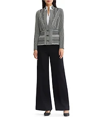 Ming Wang Monochrome Jacquard Knit Striped Inverted Notch Collar Long Sleeve Jacket