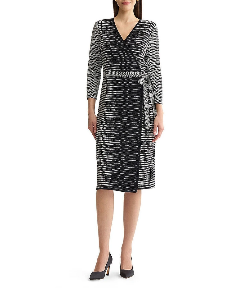Ming Wang Monochrome Jacquard Knit Surplice V-Neck 3/4 Sleeve Wrap Dress