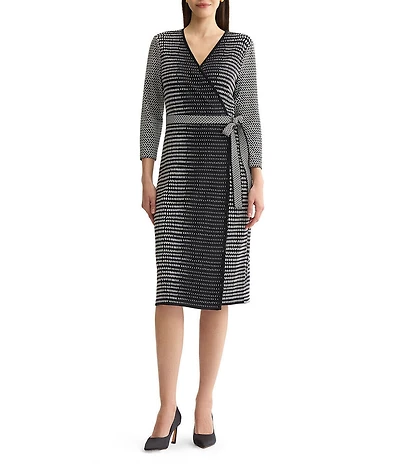 Ming Wang Monochrome Jacquard Knit Surplice V-Neck 3/4 Sleeve Wrap Dress