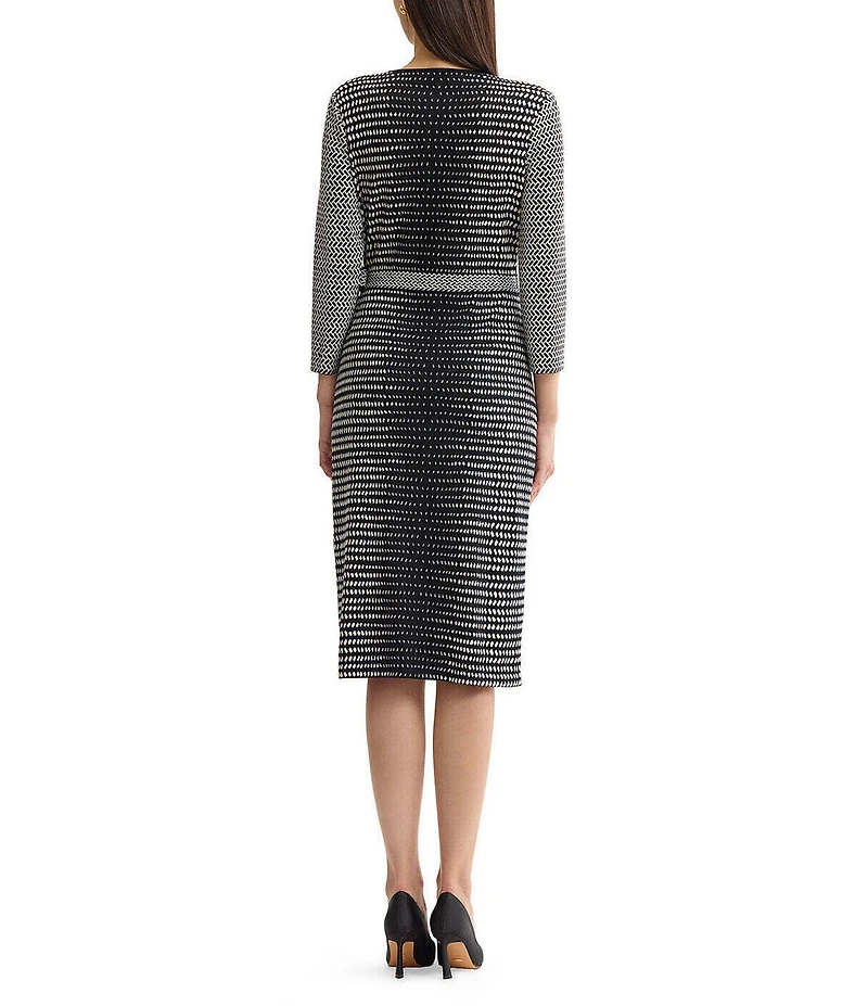 Ming Wang Monochrome Jacquard Knit Surplice V-Neck 3/4 Sleeve Wrap Dress