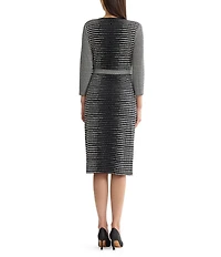 Ming Wang Monochrome Jacquard Knit Surplice V-Neck 3/4 Sleeve Wrap Dress