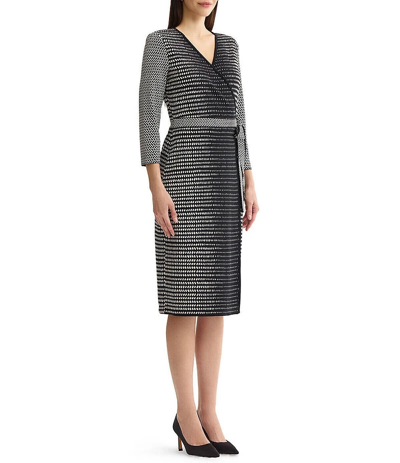 Ming Wang Monochrome Jacquard Knit Surplice V-Neck 3/4 Sleeve Wrap Dress