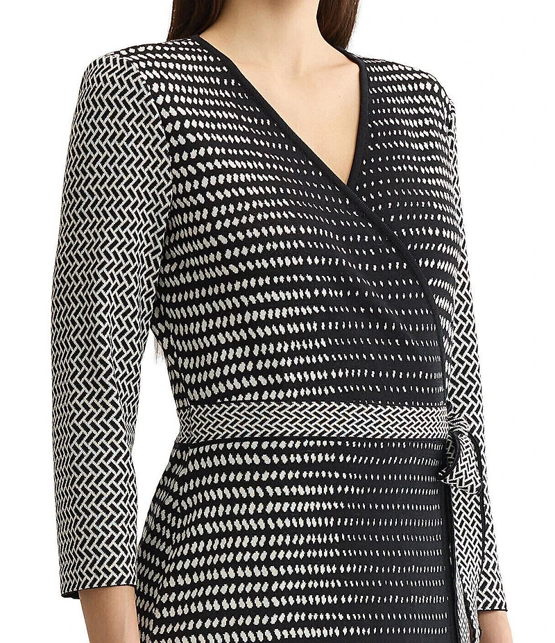 Ming Wang Monochrome Jacquard Knit Surplice V-Neck 3/4 Sleeve Wrap Dress