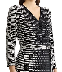 Ming Wang Monochrome Jacquard Knit Surplice V-Neck 3/4 Sleeve Wrap Dress