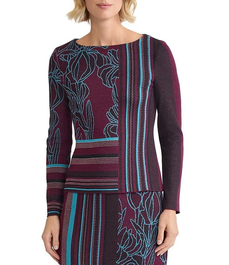 Ming Wang Multi-Pattern Jacquard Soft Knit Boat Neck Long Sleeve Top