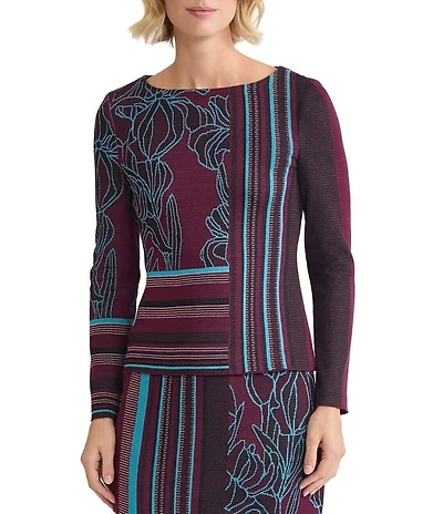 Ming Wang Multi-Pattern Jacquard Soft Knit Boat Neck Long Sleeve Top