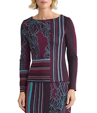 Ming Wang Multi-Pattern Jacquard Soft Knit Boat Neck Long Sleeve Top