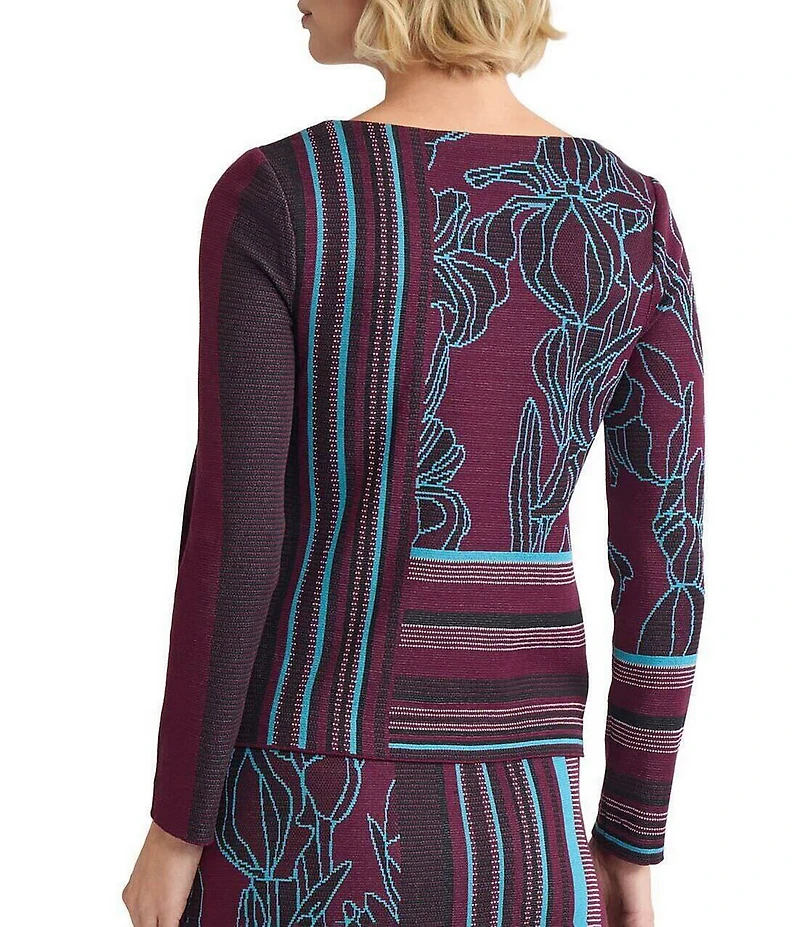 Ming Wang Multi-Pattern Jacquard Soft Knit Boat Neck Long Sleeve Top