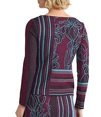 Ming Wang Multi-Pattern Jacquard Soft Knit Boat Neck Long Sleeve Top