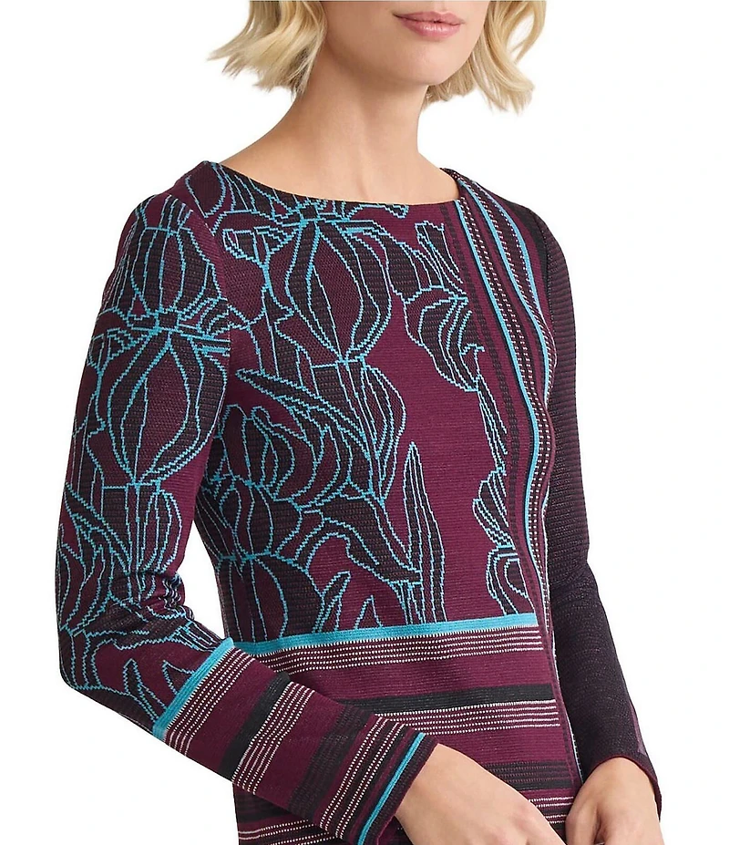 Ming Wang Multi-Pattern Jacquard Soft Knit Boat Neck Long Sleeve Top