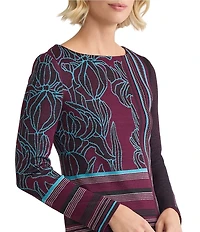 Ming Wang Multi-Pattern Jacquard Soft Knit Boat Neck Long Sleeve Top