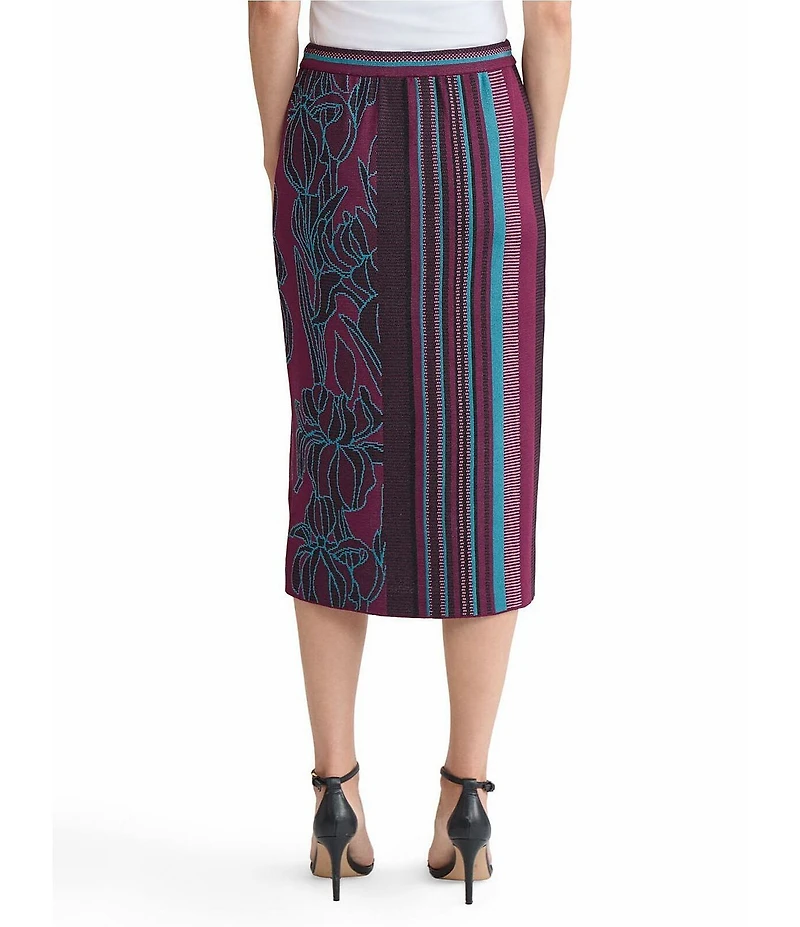 Ming Wang Multi-Pattern Jacquard Soft Knit Straight Midi Skirt