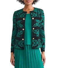 Ming Wang Multi-Stitch Knit Round Neck Bracelet Sleeve Gold Button Jacket