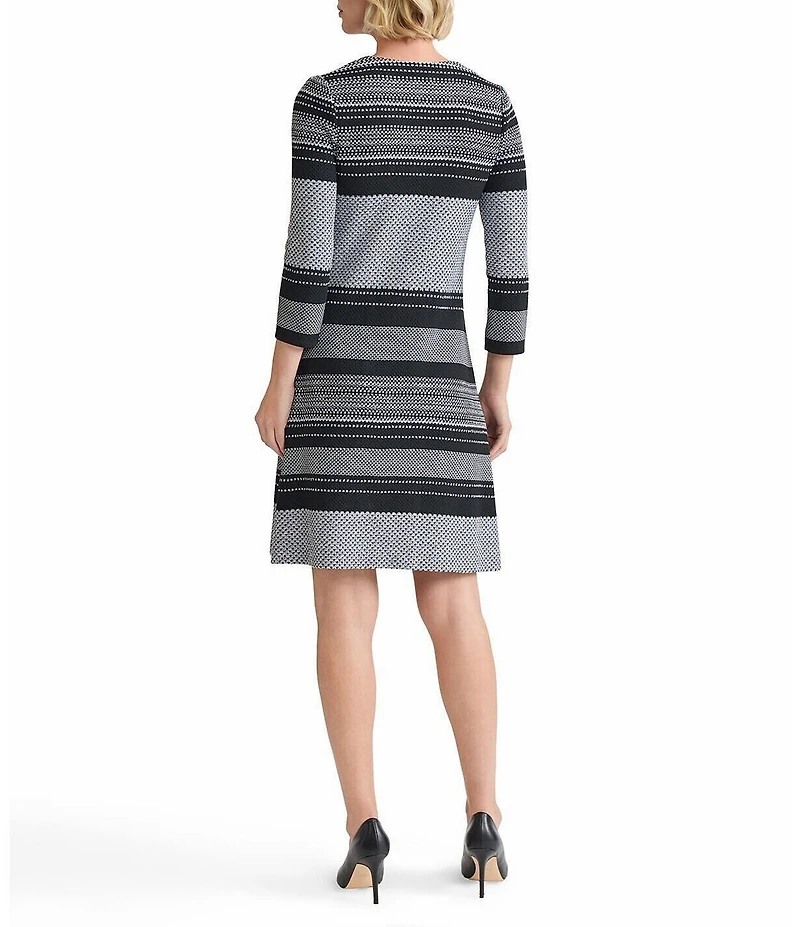 Ming Wang Multi-Stitch Stripe Knit Split V-Neck Bracelet Sleeve A-Line Dress