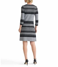 Ming Wang Multi-Stitch Stripe Knit Split V-Neck Bracelet Sleeve A-Line Dress