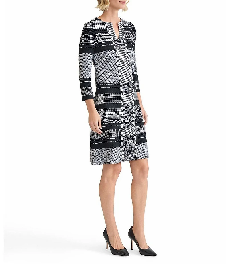 Ming Wang Multi-Stitch Stripe Knit Split V-Neck Bracelet Sleeve A-Line Dress