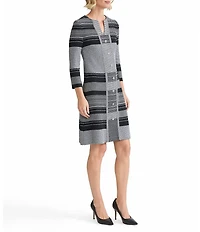 Ming Wang Multi-Stitch Stripe Knit Split V-Neck Bracelet Sleeve A-Line Dress