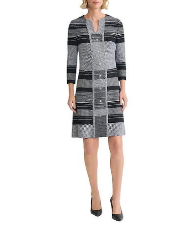 Ming Wang Multi-Stitch Stripe Knit Split V-Neck Bracelet Sleeve A-Line Dress