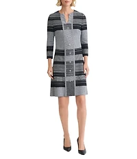 Ming Wang Multi-Stitch Stripe Knit Split V-Neck Bracelet Sleeve A-Line Dress