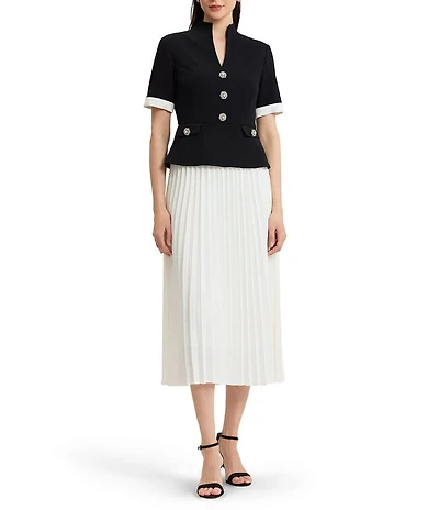 Ming Wang Noelle Mixed-Media Funnel Split V-Neck Short Sleeve Pleated Maxi Dress
