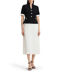 Ming Wang Noelle Mixed-Media Funnel Split V-Neck Short Sleeve Pleated Maxi Dress