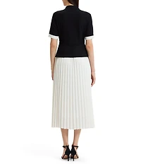 Ming Wang Noelle Mixed-Media Funnel Split V-Neck Short Sleeve Pleated Maxi Dress