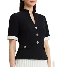 Ming Wang Noelle Mixed-Media Funnel Split V-Neck Short Sleeve Pleated Maxi Dress