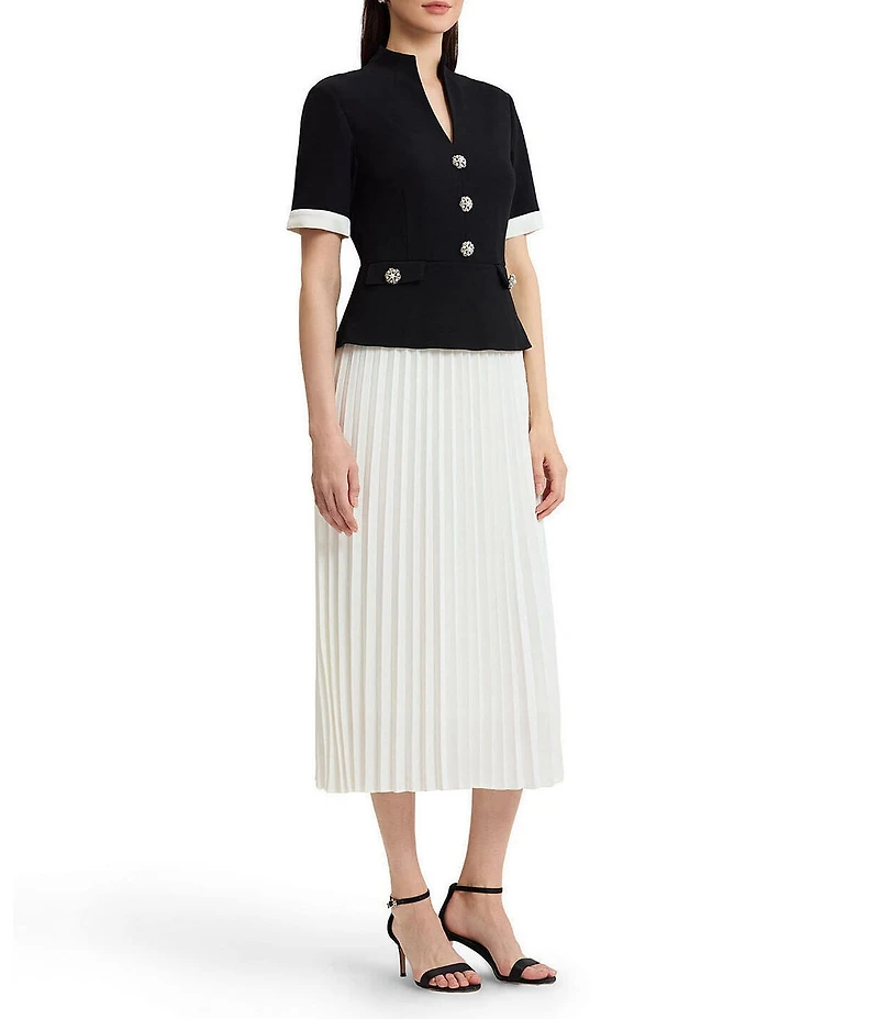 Ming Wang Noelle Mixed-Media Funnel Split V-Neck Short Sleeve Pleated Maxi Dress